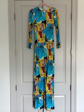 Alice + Olivia Turquoise Abstract Print Long Sleeve Maxi Dress